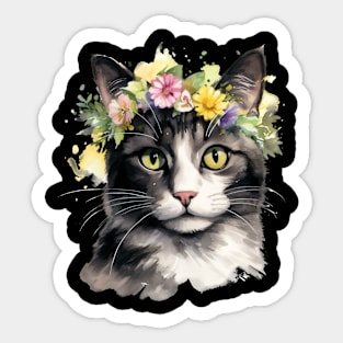 Domestic Shorthair Cat Flowers Water Color Cat Mom Mother's Day Gift Sticker